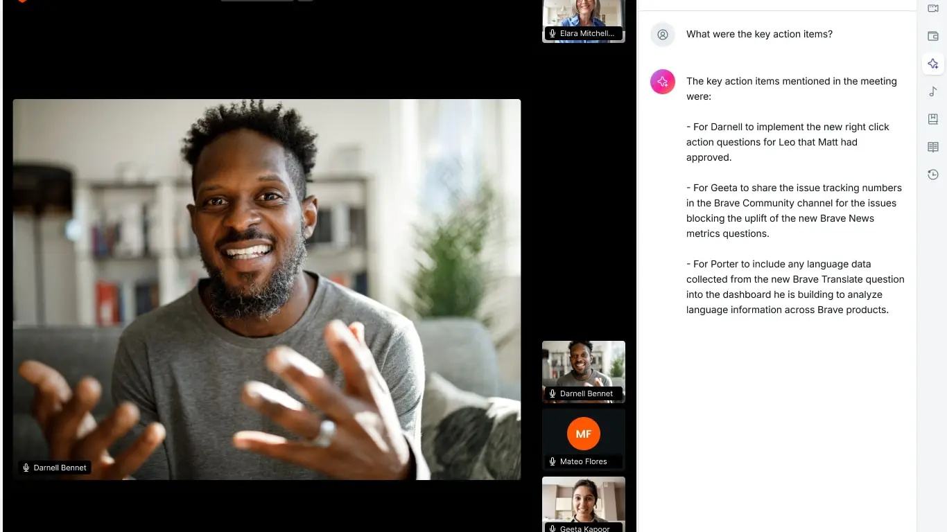 AI-assistant sidebar in a videoconference UI listing action items extracted from the meeting; each entry names the owner that speaker committed to ('For Darnell to implement…', 'For Geeta to share…', 'For Porter to include…')