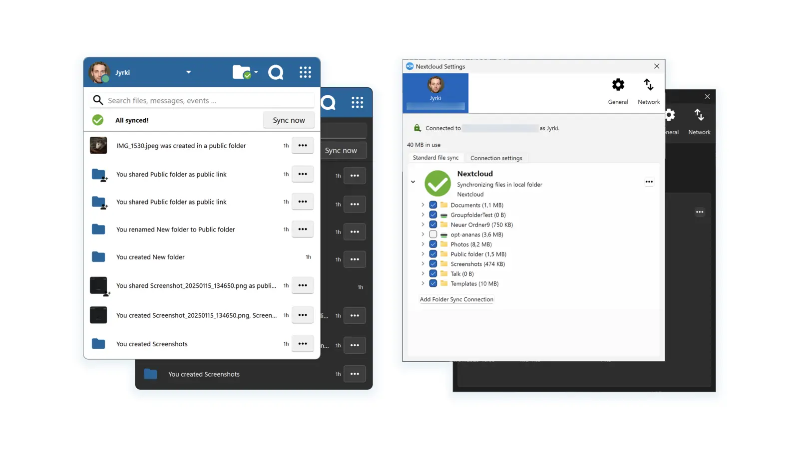 Desktop sync client on Windows and macOS, activity feed and file-sync settings windows