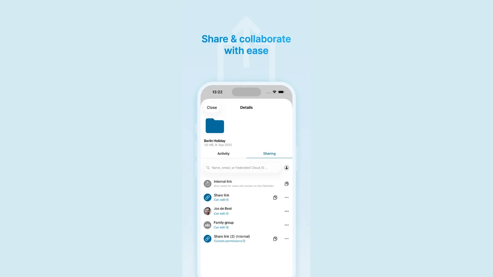 Files iOS app: unified search, photo library, sharing dialog, and offline access
