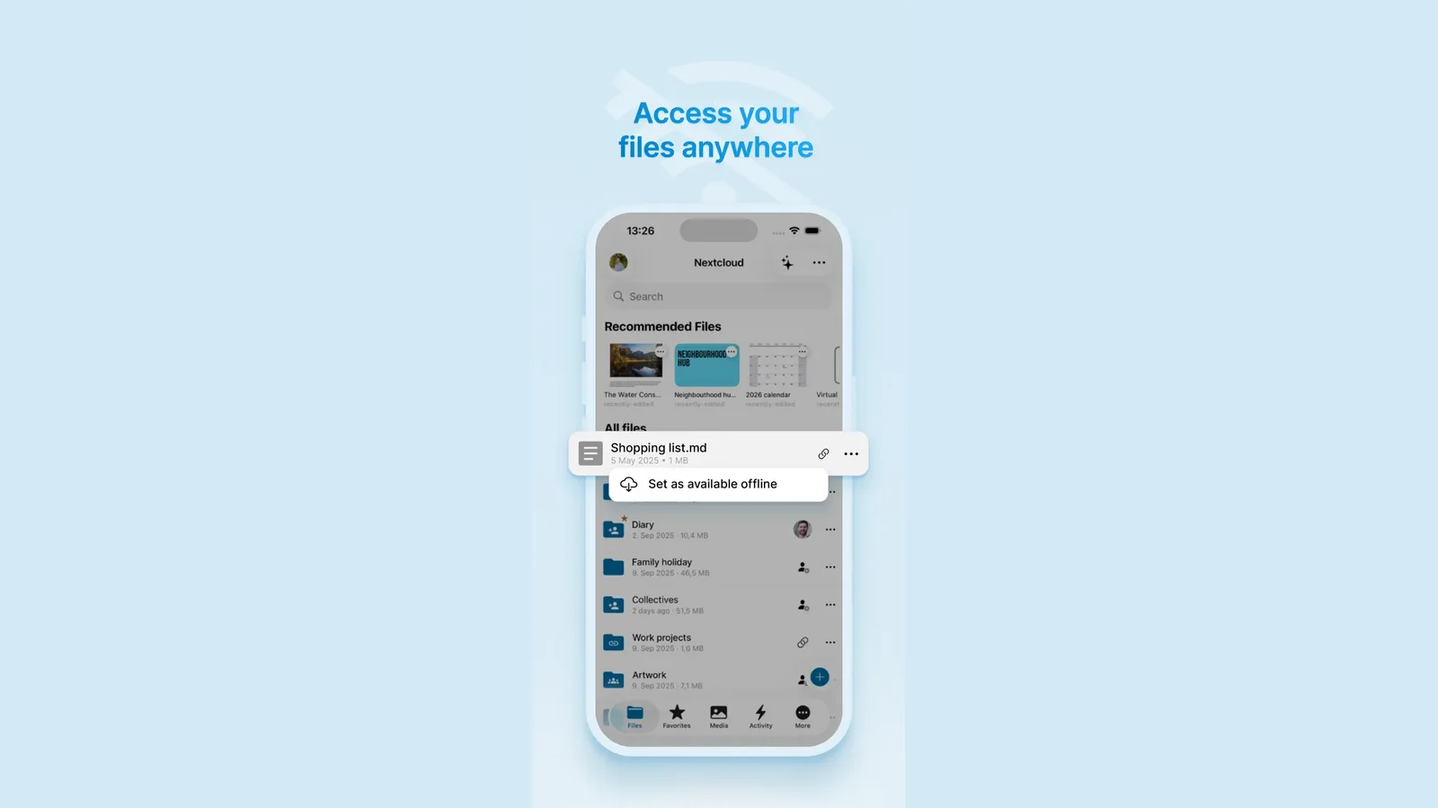 Files iOS app: unified search, photo library, sharing dialog, and offline access