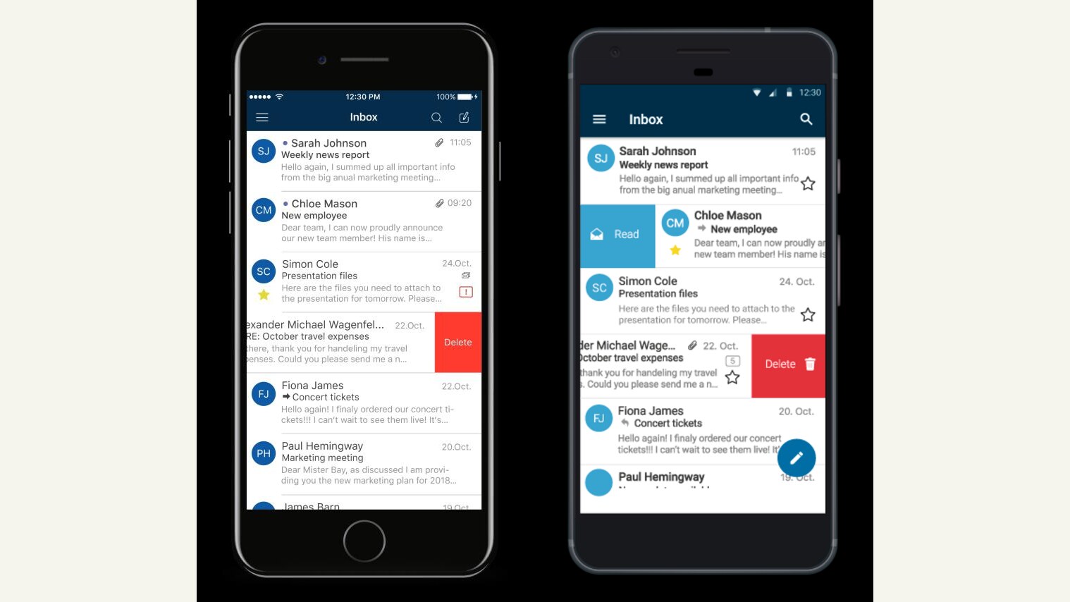 Side-by-side iPhone and Android each showing the OX Mail inbox with swipe-to-delete and swipe-to-read gestures
